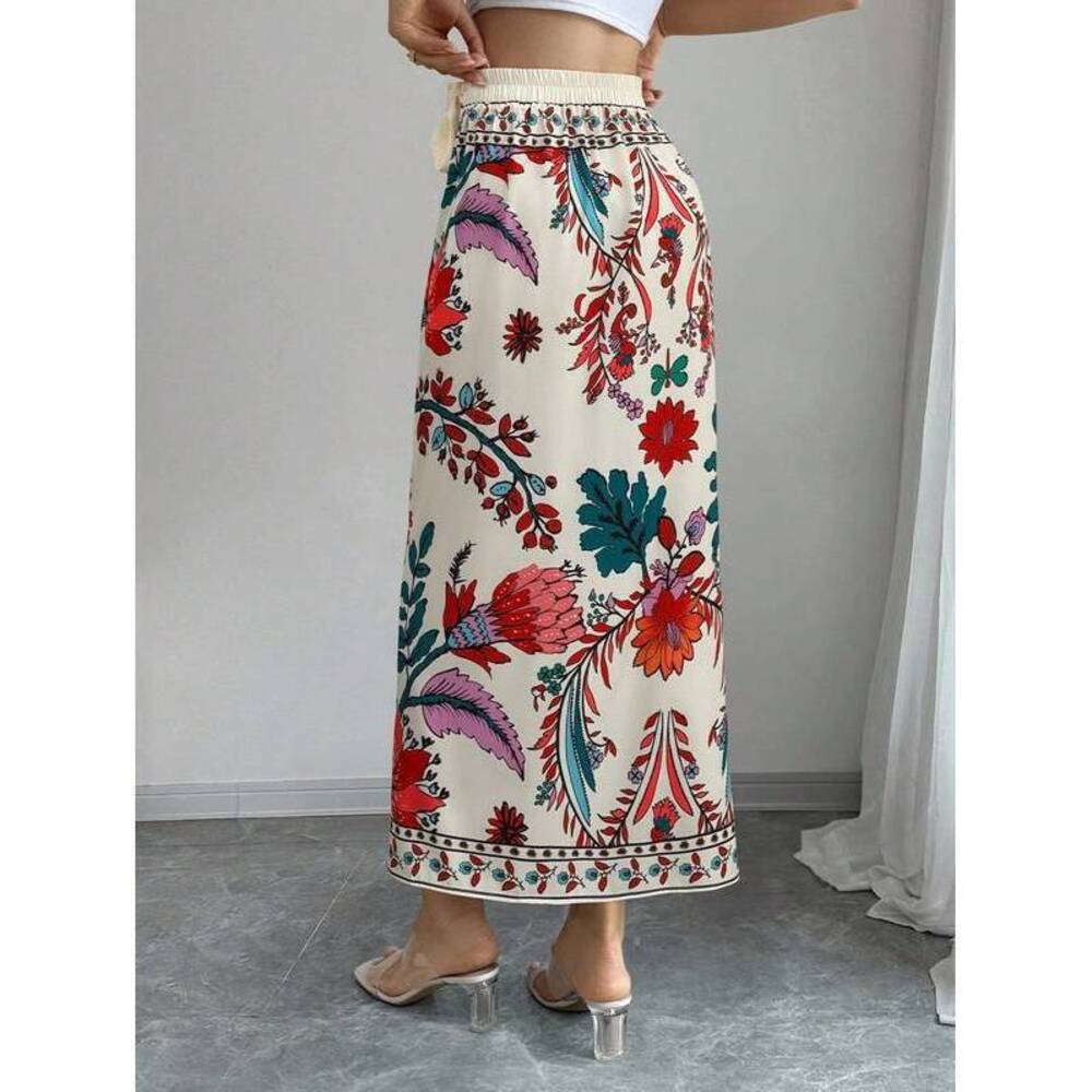 Elenzga Women's Summer Vacation Floral Print Wrap Tie Waist Skirt - Picture 2 of 4